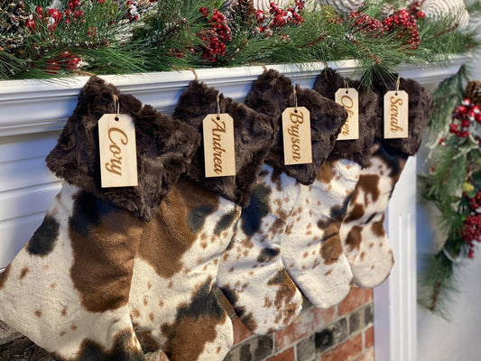 Brown Minky Hide Cuff and Brown Cow Personalized Christmas Stocking