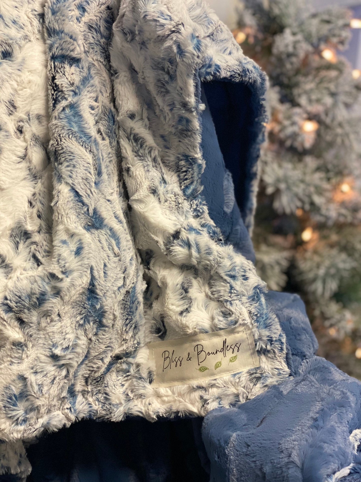 Navy Snow Owl and Denim Hide Throw Blanket