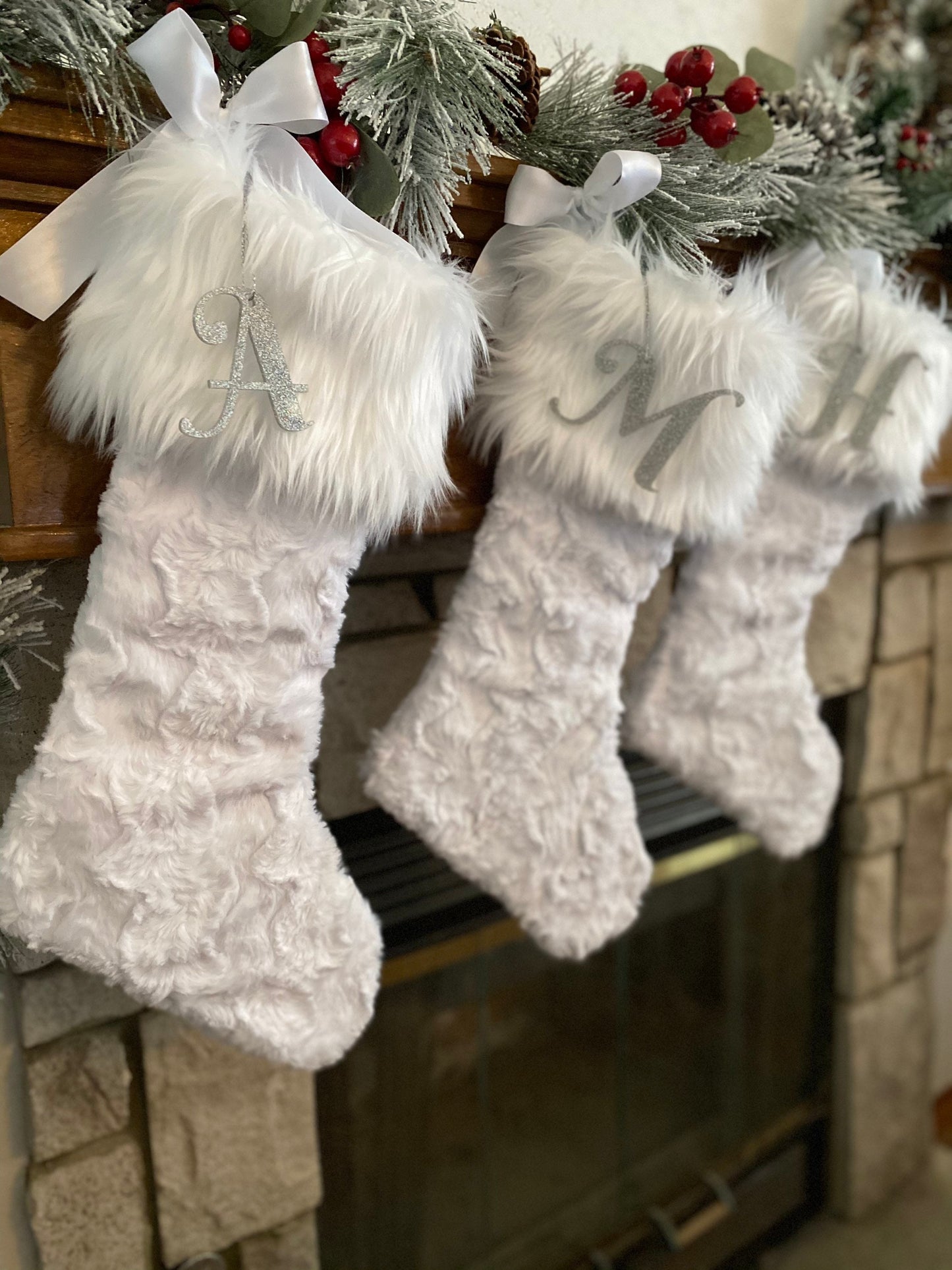 White Christmas Stocking, Faux Fur Christmas Stocking, White Personalized Christmas Stocking, Sparkle Initial Christmas Stocking