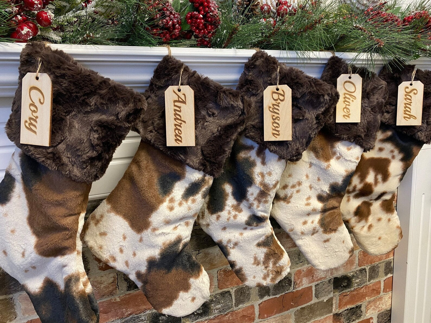 Brown Minky Hide Cuff and Brown Cow Personalized Christmas Stocking