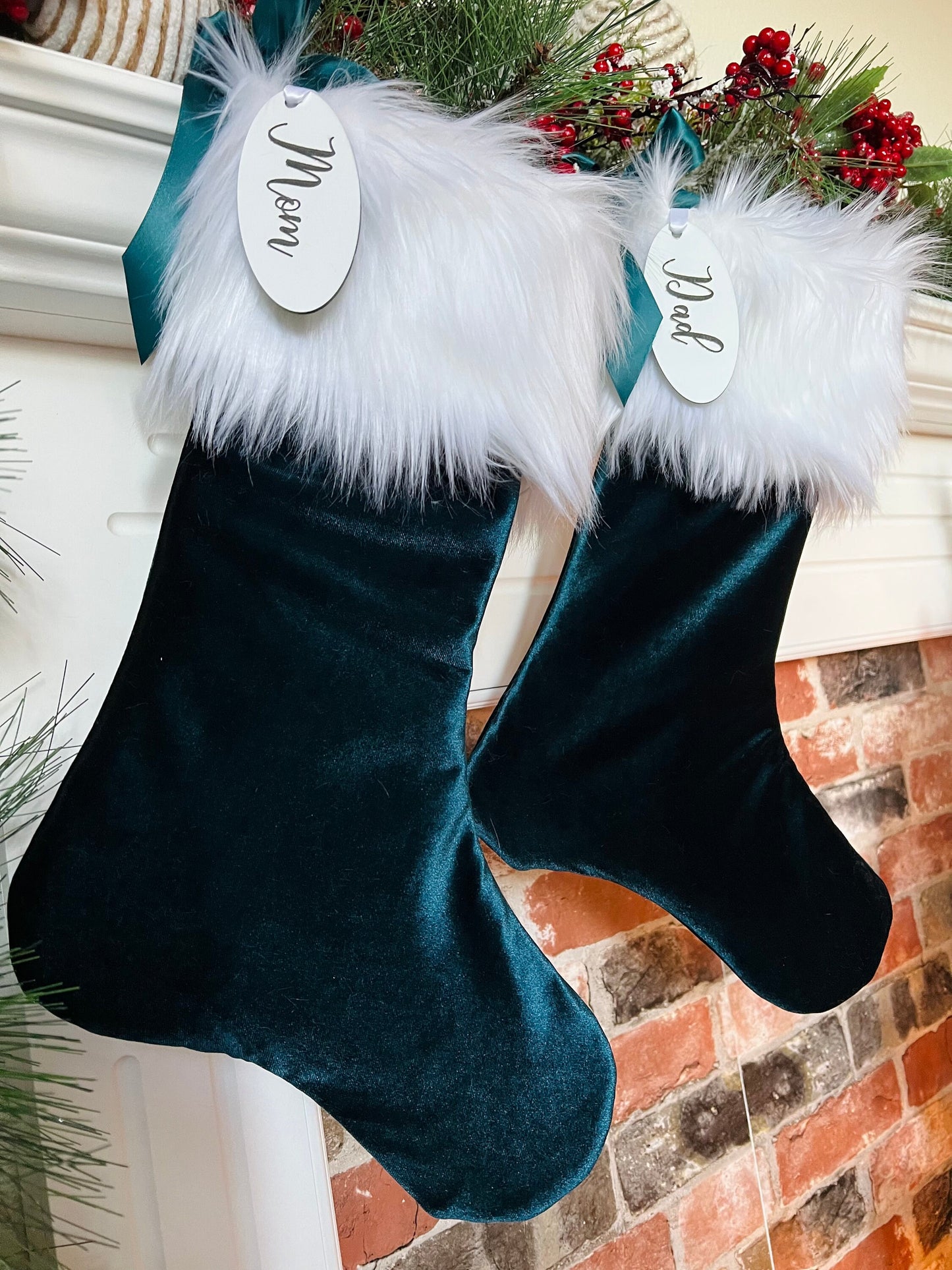 Teal Velvet Christmas Stocking, Faux Fur Christmas Stocking, Personalized Christmas Stocking, Sparkle Initial Christmas Stocking