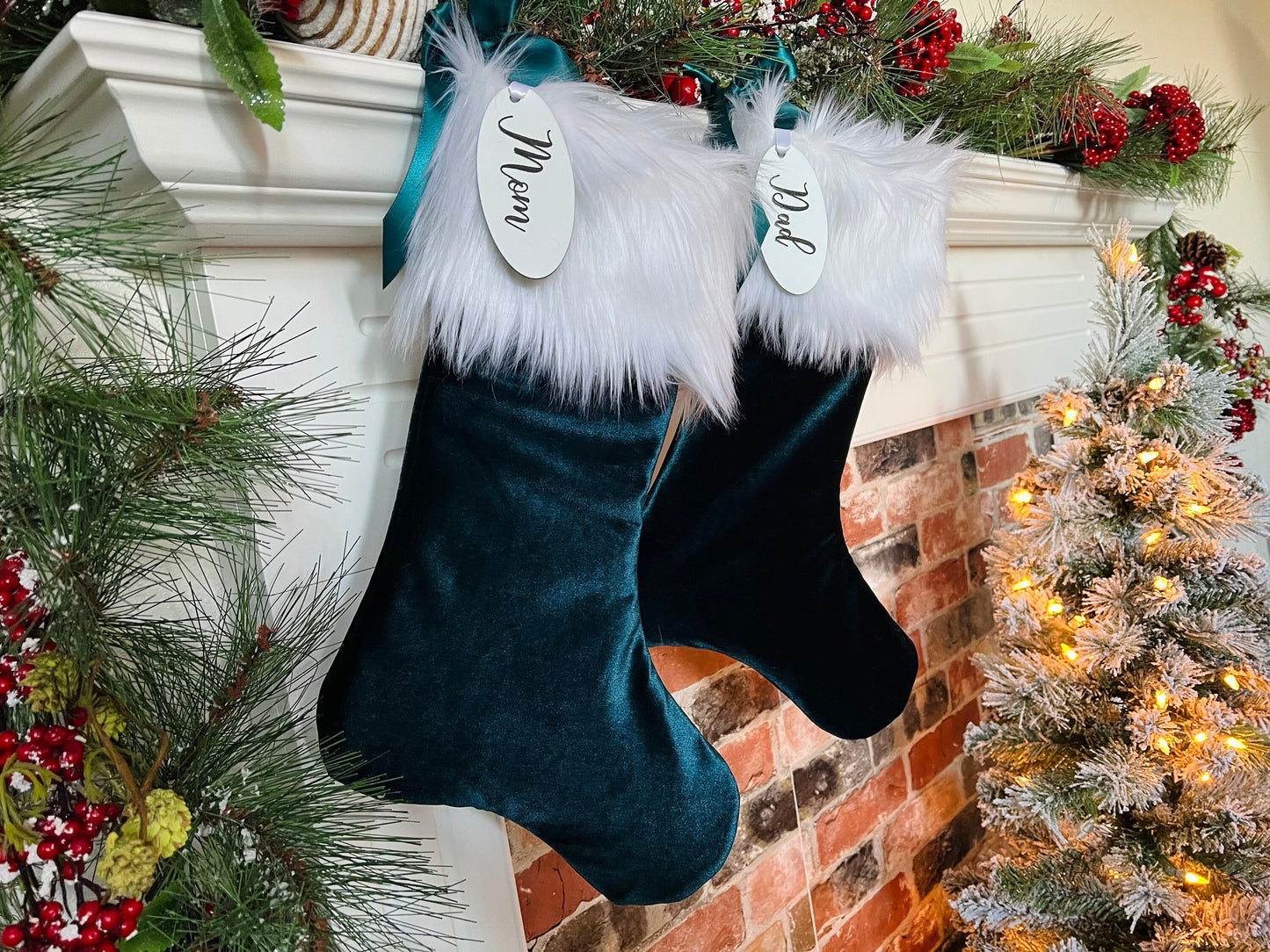 Teal Velvet Christmas Stocking, Faux Fur Christmas Stocking, Personalized Christmas Stocking, Sparkle Initial Christmas Stocking
