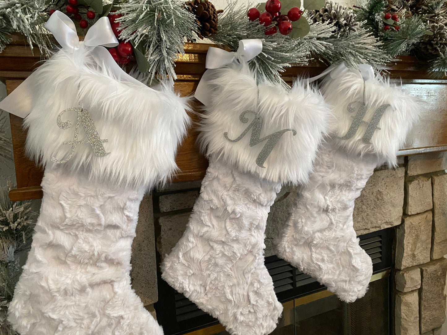 White Christmas Stocking, Faux Fur Christmas Stocking, White Personalized Christmas Stocking, Sparkle Initial Christmas Stocking