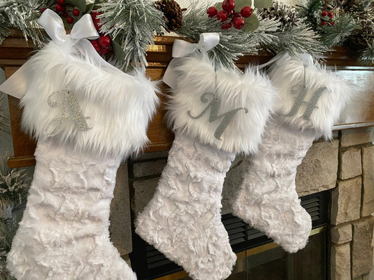 White Christmas Stocking, Faux Fur Christmas Stocking, White Personalized Christmas Stocking, Sparkle Initial Christmas Stocking