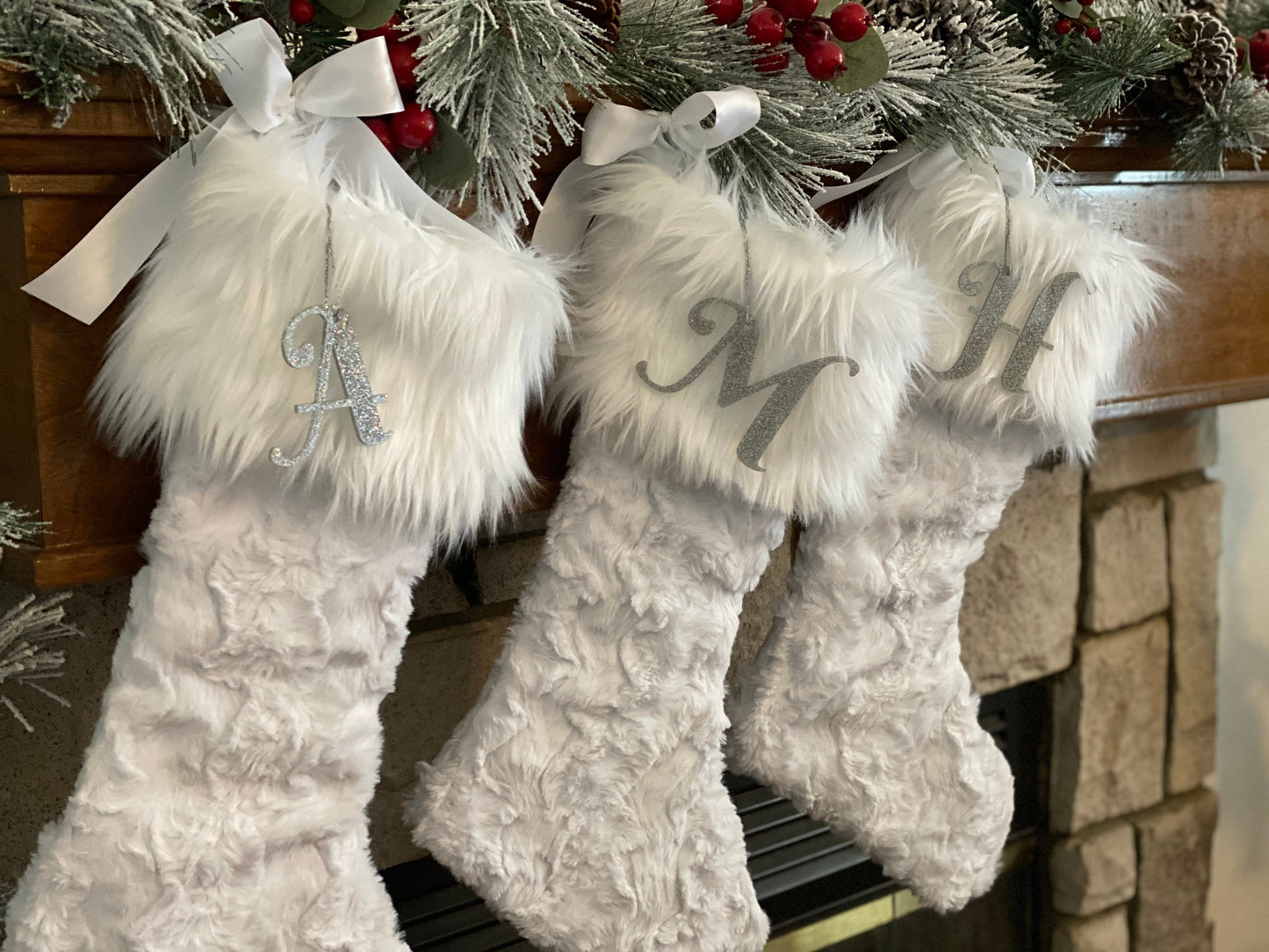 White Christmas Stocking, Faux Fur Christmas Stocking, White Personalized Christmas Stocking, Sparkle Initial Christmas Stocking