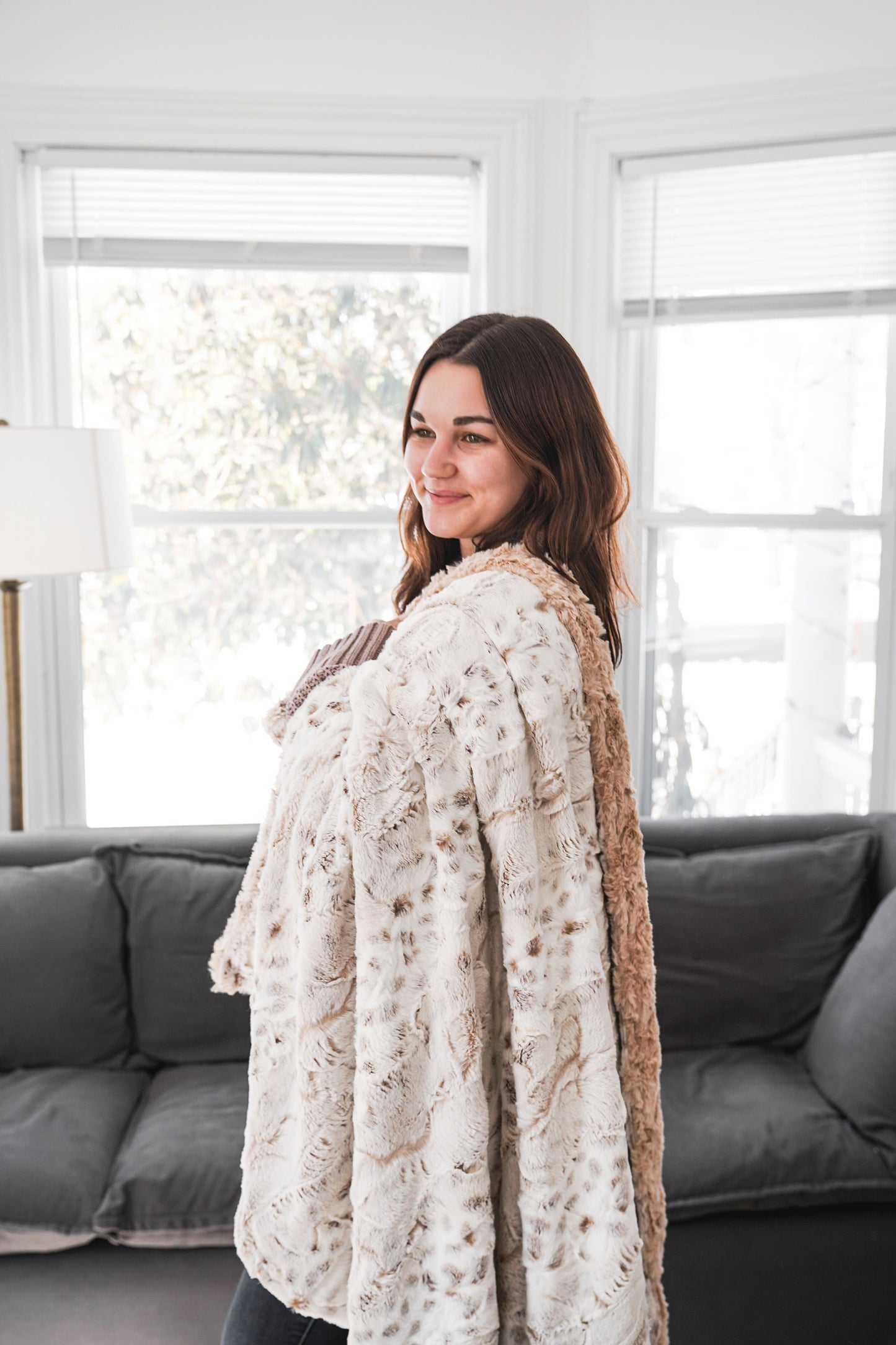 Natural Snow Owl and Latte Glacier Throw Blanket